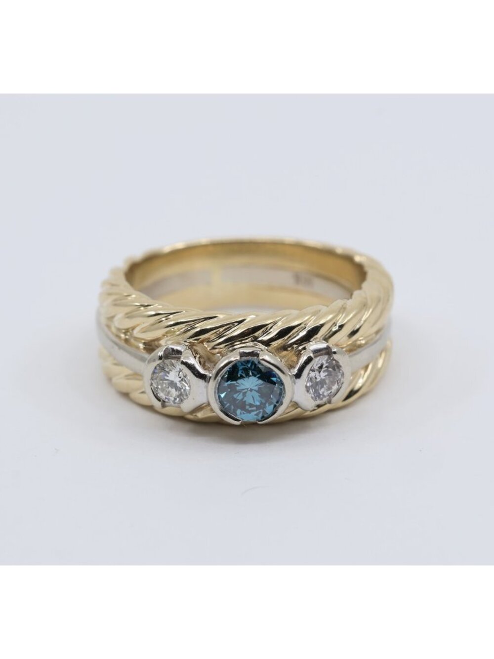 14K Two Tone Multi Color Gold Greenish Blue & White Diamond Three Stone Ring